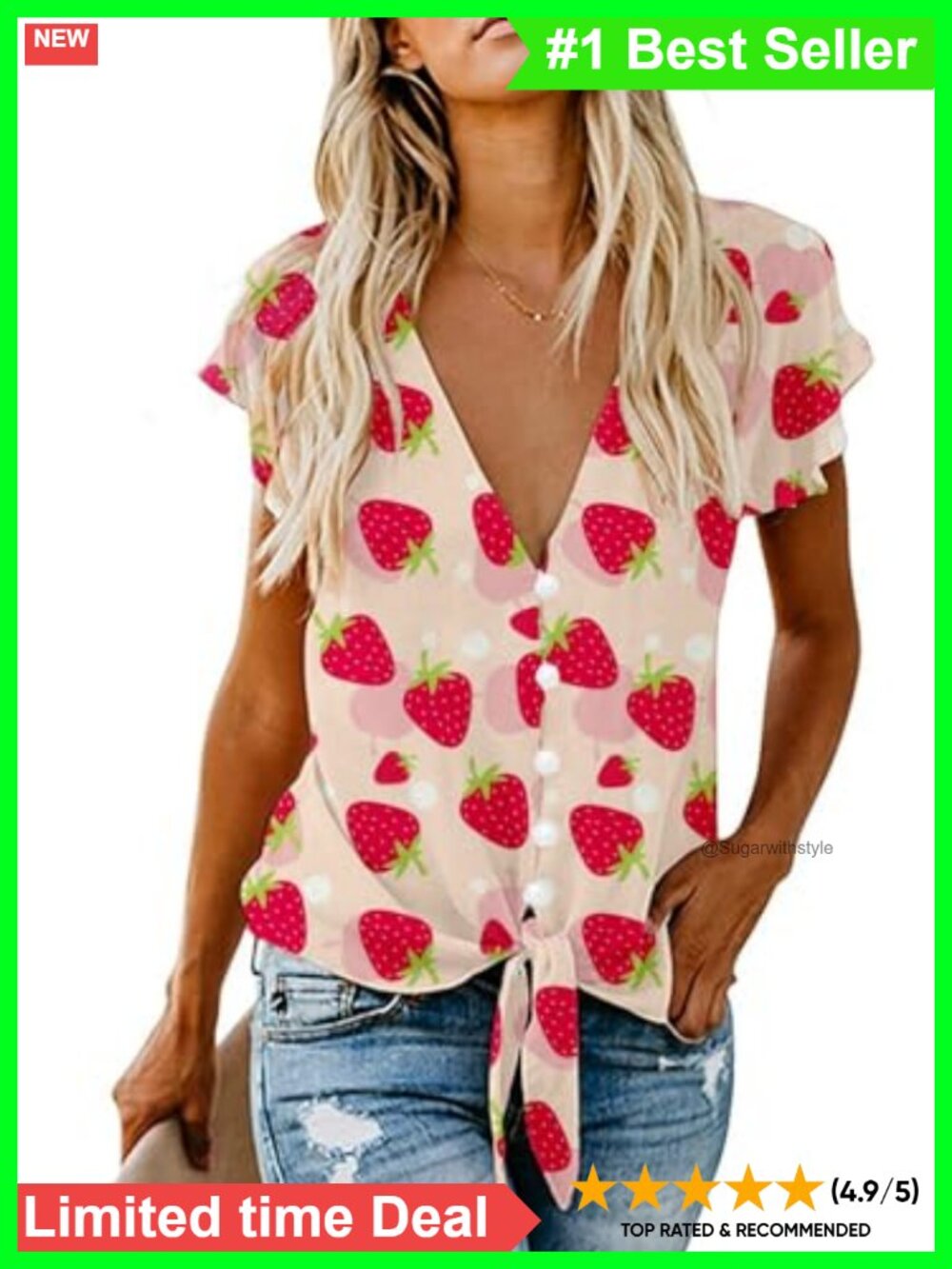 Women Dressy V-Neck Tie Knot Ruffle Sleeve Button Down Blouse